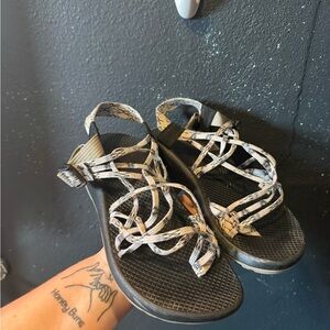 Chaco Women's Black Sandals with Cream and Black Patterned Straps
